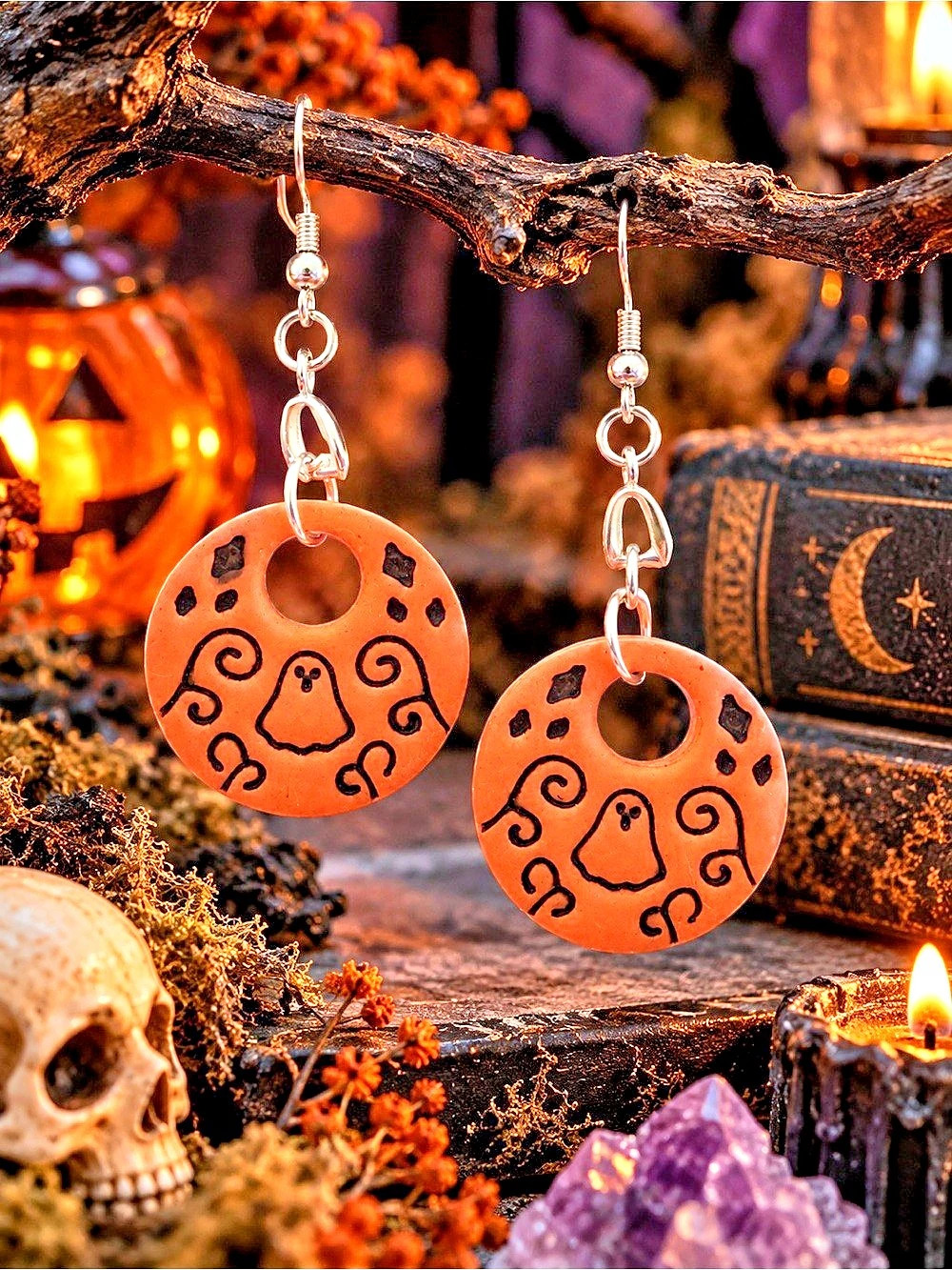 Orange & Black Halloween Ghost Pumpkin Earrings